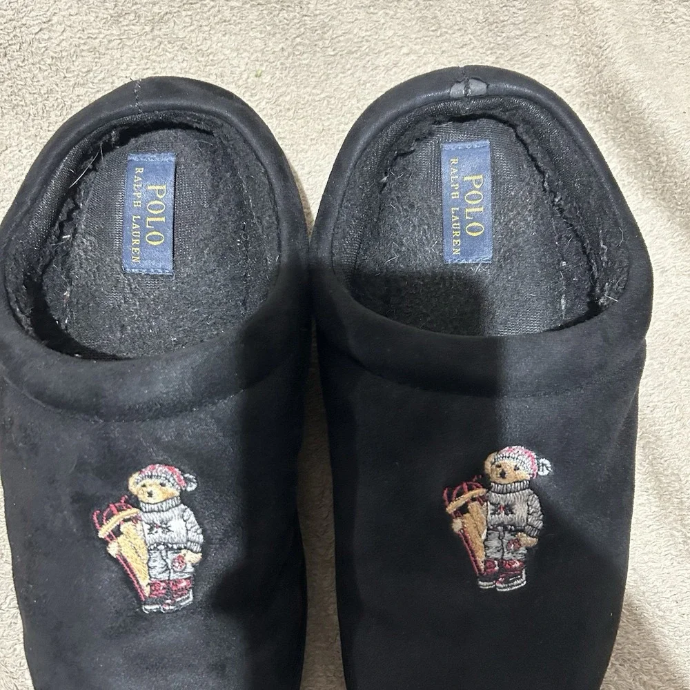 Polo Ralph Lauren Ski Bear Slippers Mens Size 8 Black Sled Scuff Faux Shearling